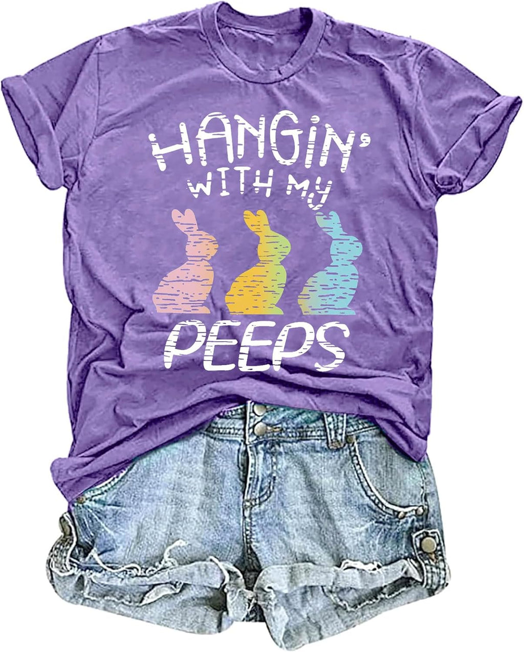 Women Happy Easter Shirts Hanging with My Peeps Bunny Rabbit Graphic T-Shirt Casual Short Sleeve Tops - T-Shirt, Sweatshirt, Hoodie