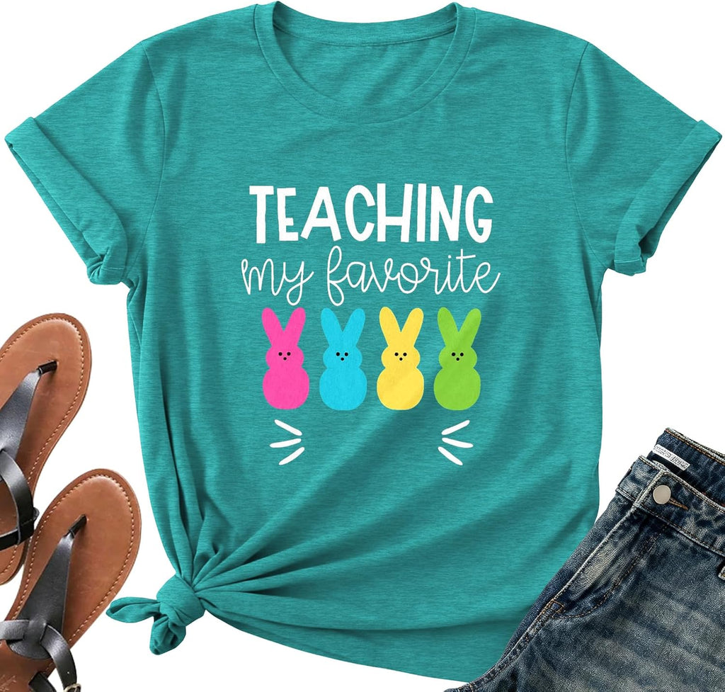Easter Shirt Women-Cute Easter Teacher Tee Tops Easter Bunny Shirt Teaching My Favorite Peeps Short Sleeves - T-Shirt, Sweatshirt, Hoodie