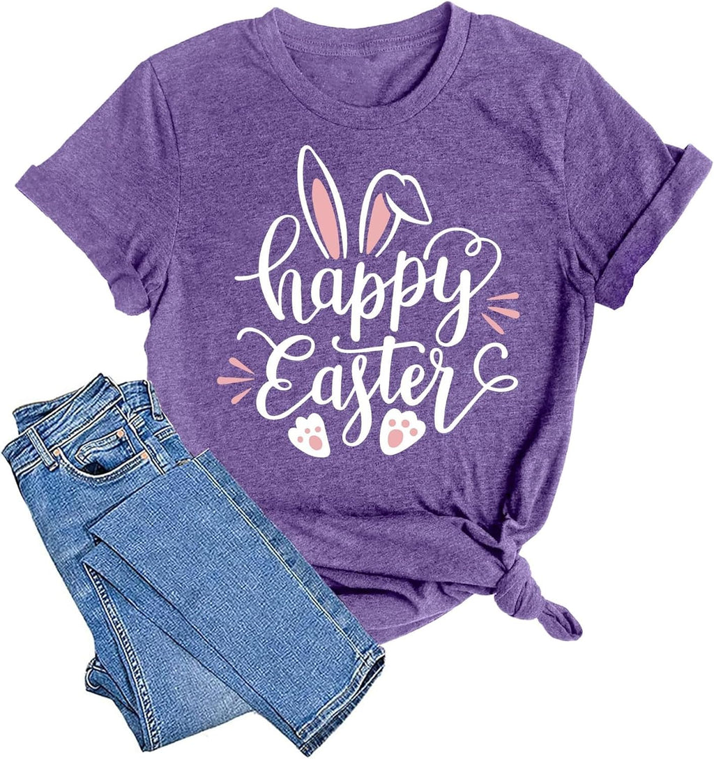 Women Happy Easter T Shirt Bunny Rabbit Graphic T-Shirt Funny Letter Printed Shirts Short Sleeve Tops - T-Shirt, Sweatshirt, Hoodie