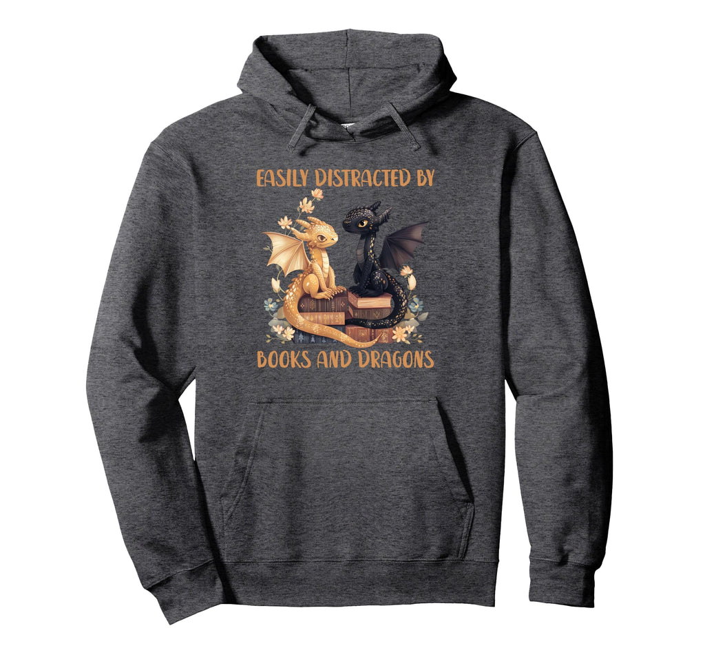 Easily Distracted Books Dragons Hoodie - Minimalist Print for Adults - T-Shirt, Sweatshirt, Hoodie