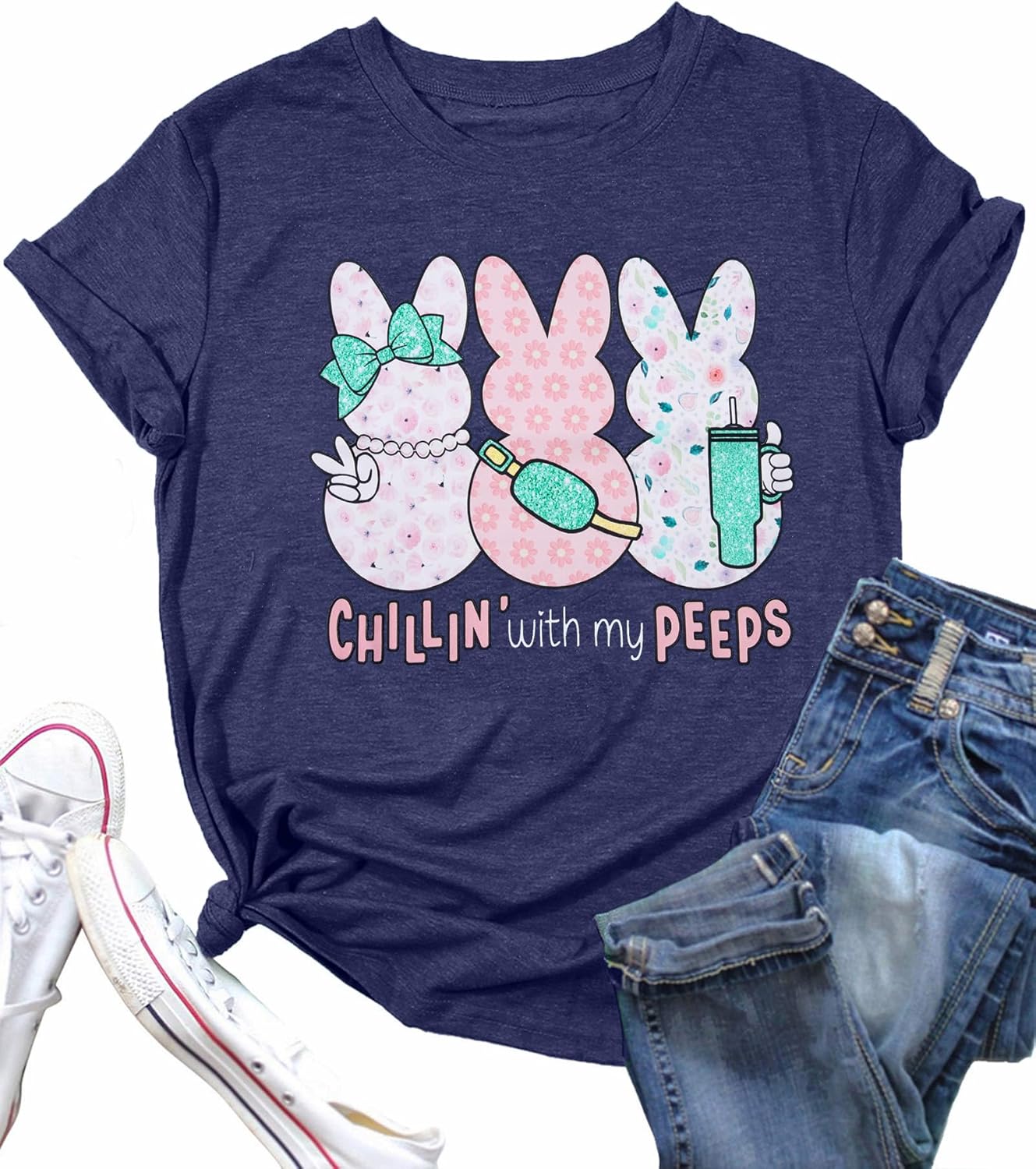 Women Chillin'with My Peeps Shirt Easter Shirt Funny Bunny T-Shirt Cute Rabbit Tee Tops Easter Day Gift - T-Shirt, Sweatshirt, Hoodie