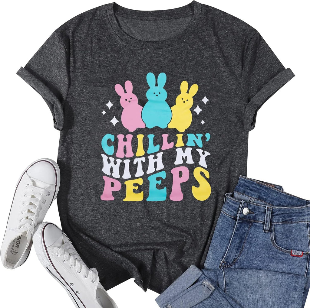 Women Happy Easter T Shirt: Bunny Rabbit Graphic T-Shirt Funny Chillin with My Shirts Short Sleeve Tops - T-Shirt, Sweatshirt, Hoodie