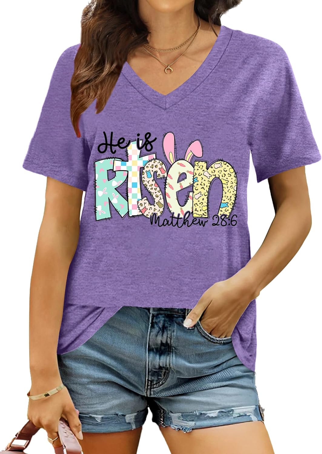 Easter Shirt Women Cute Bunny T Shirt Happy Easter Shirts Rabbit Graphic Easter Gift Tees Holiday V Neck Tops - T-Shirt, Sweatshirt, Hoodie