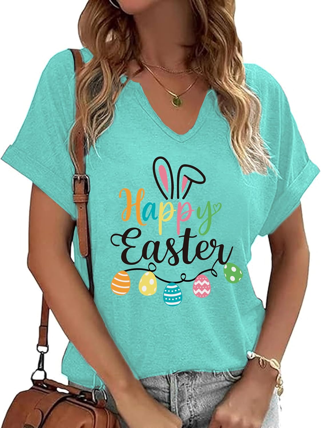Easter Shirts for Women Happy Bunny Tshirt Cute V Neck Easter Egg Rabbit Teacher Tee Graphic - T-Shirt, Sweatshirt, Hoodie