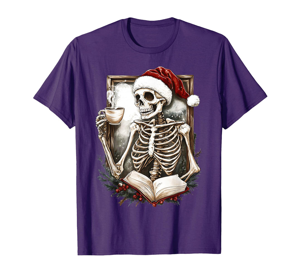 Skeleton Santa Hat Reading Book T-Shirt - Minimalist Print for Adults - T-Shirt, Sweatshirt, Hoodie