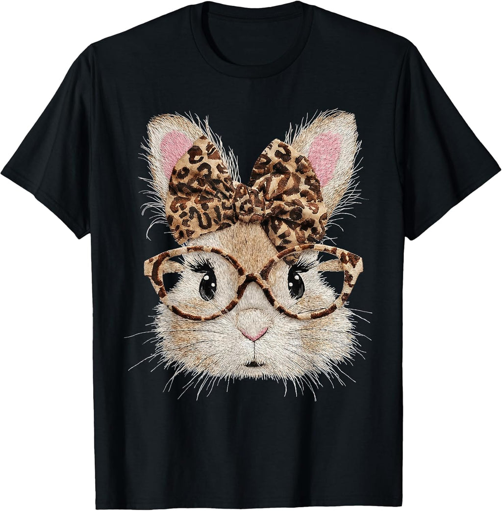 Happy Easter Leopard Bunny Glasses Coquette Bow Unisex T-shirt, Sweatshirt, Hoodie, Long Sleeve Tee - T-Shirt, Sweatshirt, Hoodie