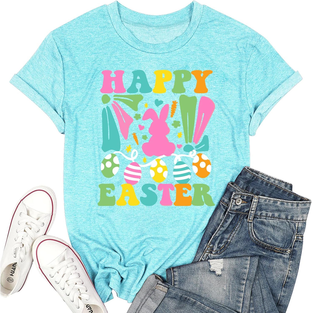 Easter Shirts for Women Happy Bunny Shirt Easter Eggs Printed Tshirt Floral Rabbit Holiday Graphic Tee - T-Shirt, Sweatshirt, Hoodie