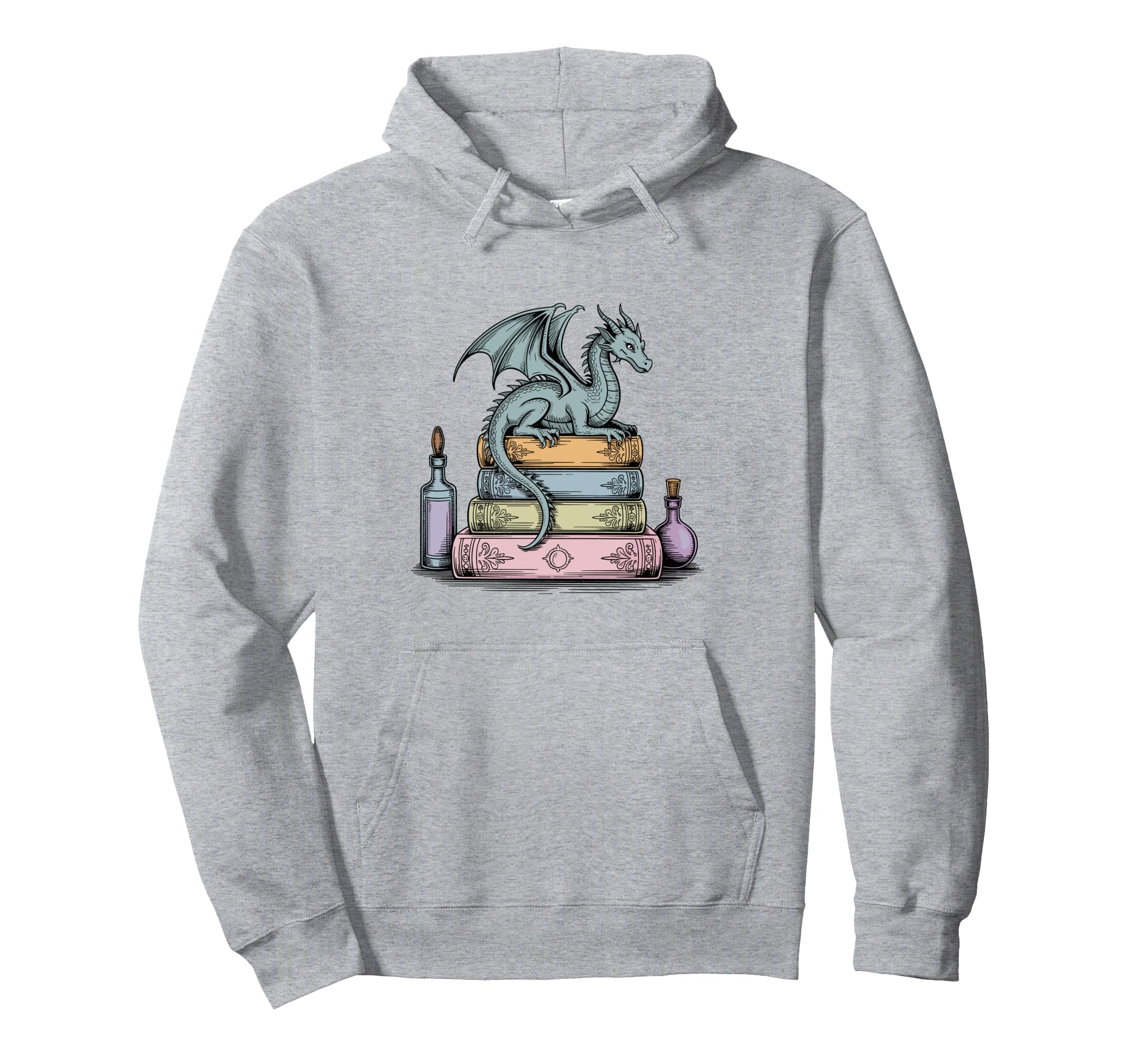 Dragon Perched Stack Books Fantasy Hoodie - Aesthetic Graphic Unisex - T-Shirt, Sweatshirt, Hoodie