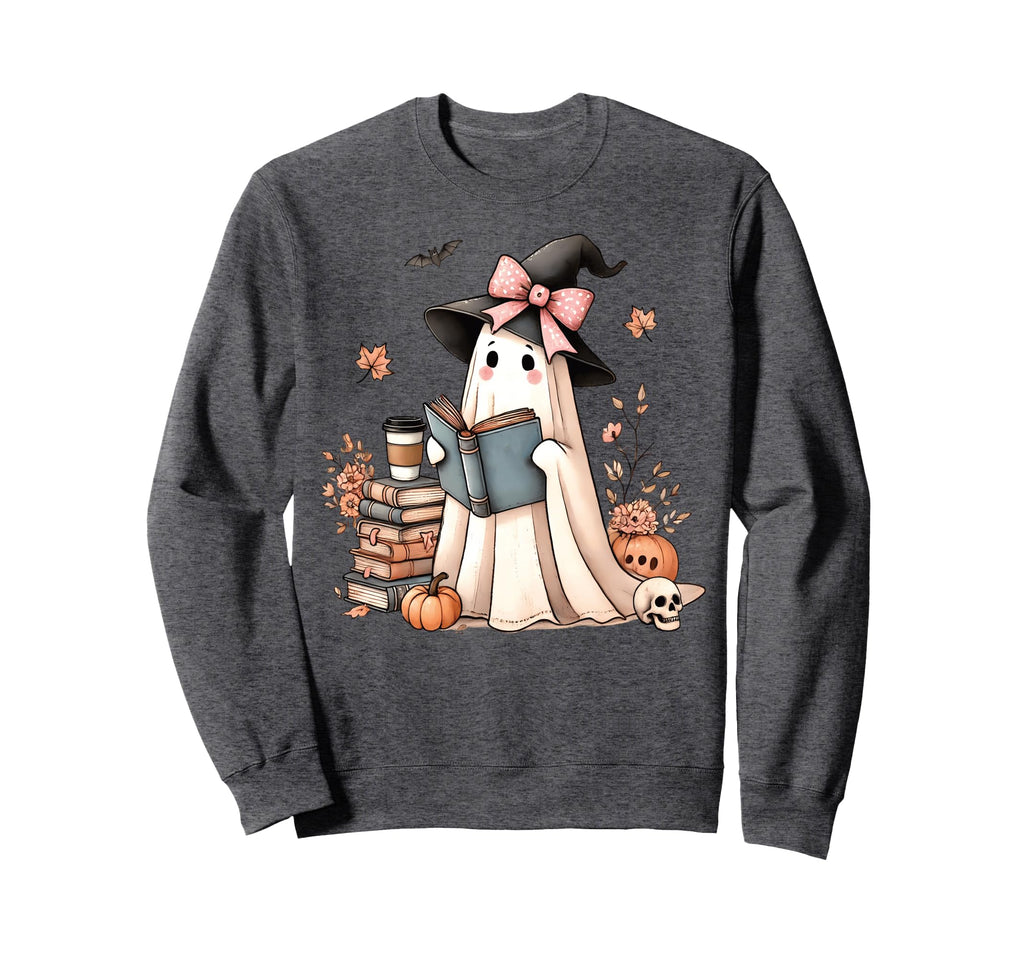 Bookish Coquette Bow Ghost Reading Sweatshirt - Unique Graphic for Adults - T-Shirt, Sweatshirt, Hoodie