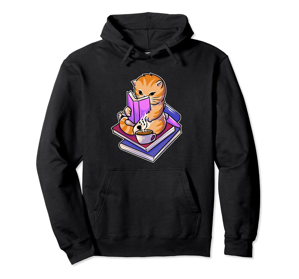 Relaxing Cat Reading Coffee Literature Hoodie - Novelty Apparel for Adults - T-Shirt, Sweatshirt, Hoodie