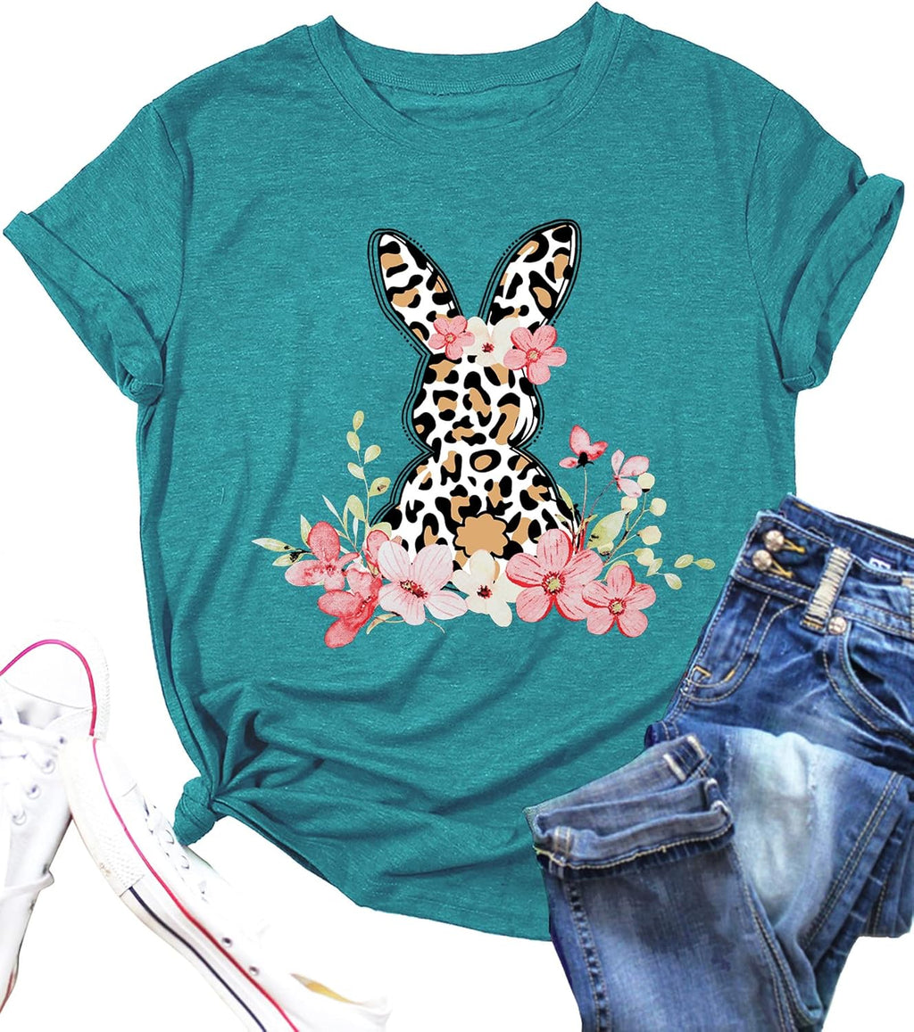 Womens Easter Shirts Cute Floral Bunny T-Shirt Leopard Print Tee Easter Gift Casual Top Shirts - T-Shirt, Sweatshirt, Hoodie