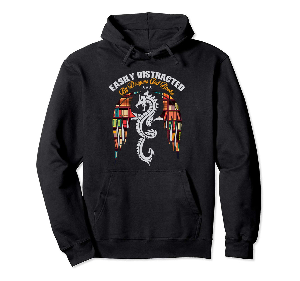 Easily Distracted Dragons And Books Funny Hoodie - Minimalist Print Unisex - T-Shirt, Sweatshirt, Hoodie