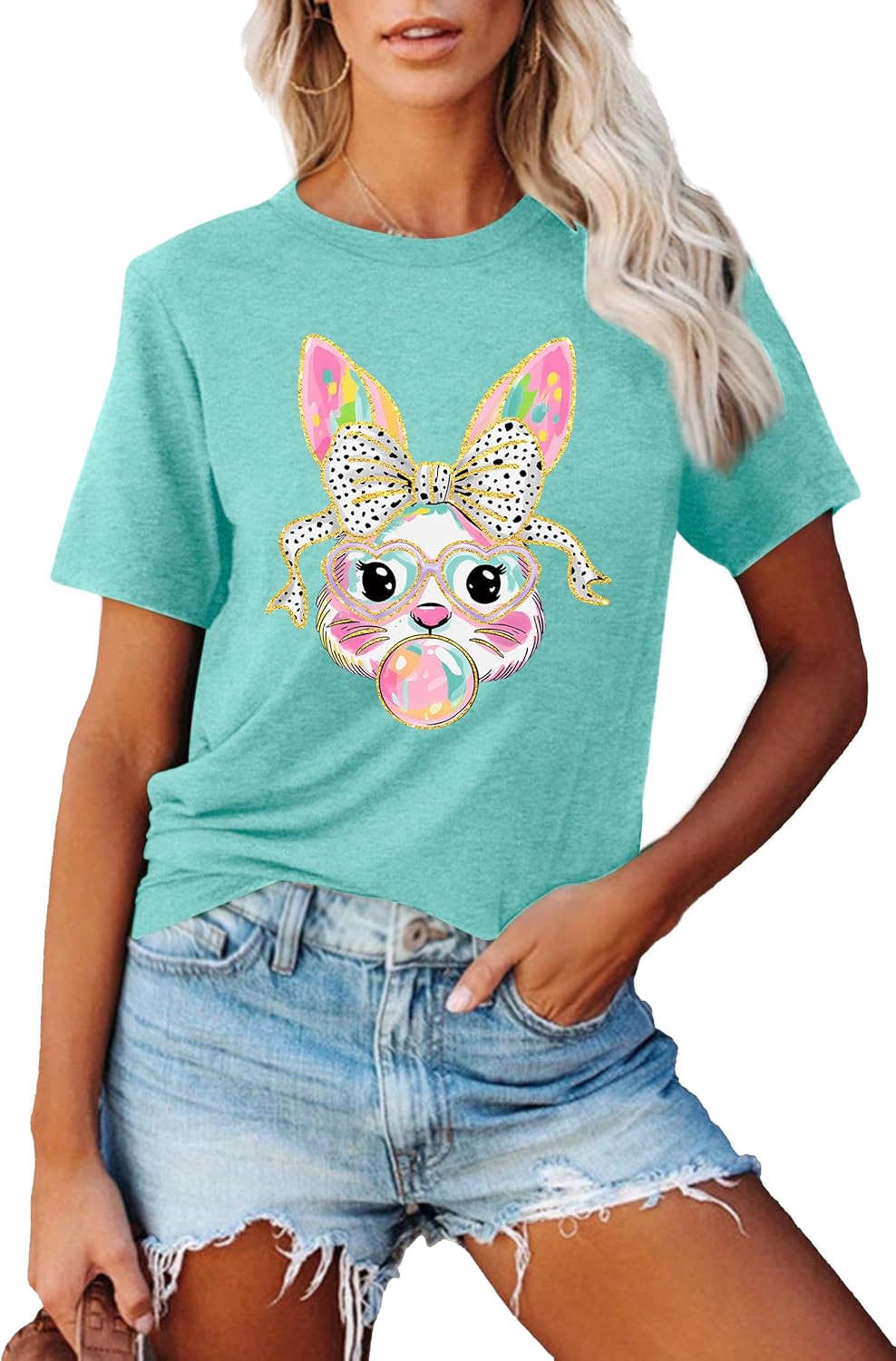 Easter Shirts for Women Happy Easter Bunny Printed Short Sleeve Tee Funny Blowing Bubbles Rabbit Casual Top - T-Shirt, Sweatshirt, Hoodie