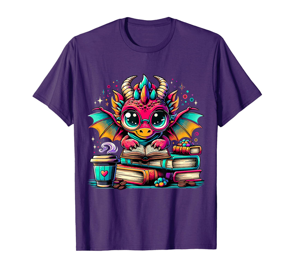 Bookdragon Dragon Reading Book And Coffee T-Shirt - Graphic Print Unisex - T-Shirt, Sweatshirt, Hoodie
