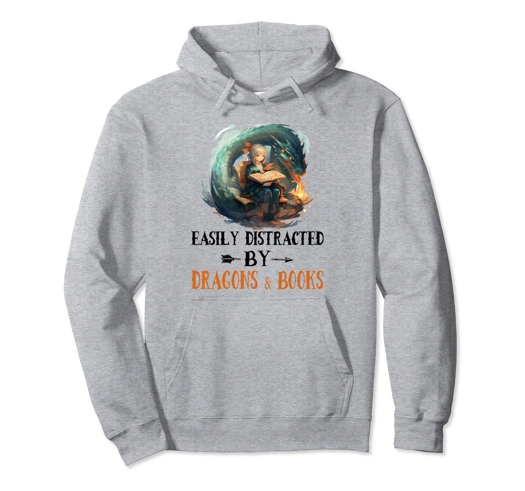 Easily Distracted Dragons And Books Funny Hoodie - Graphic Print Unisex - T-Shirt, Sweatshirt, Hoodie