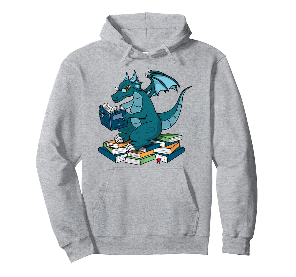 Whimsical Dragon Reading Books Nerd Hoodie - Custom Art Print Men Women - T-Shirt, Sweatshirt, Hoodie