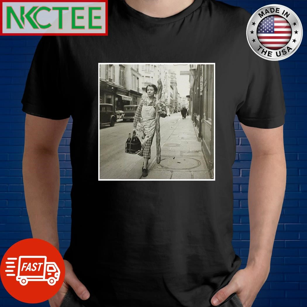 A French woman with her baguette and six bottles of wine, Paris, 1945 shirt Unisex T-shirt, Sweatshirt, Hoodie, Long Sleeve Tee - T-Shirt, Sweatshirt, Hoodie