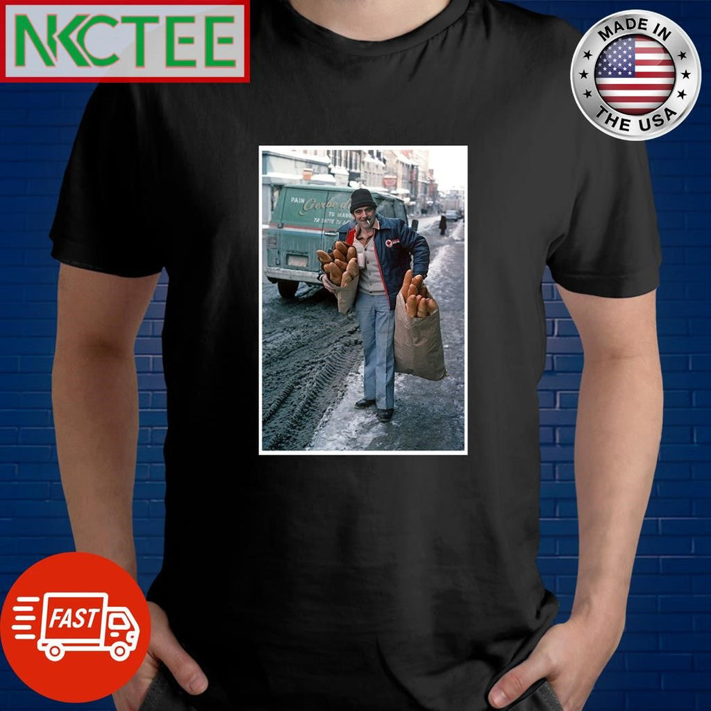 A bread delivery man with bags filled with baguettes on a snowy street in Quebec in 1977 shirt - T-Shirt, Sweatshirt, Hoodie