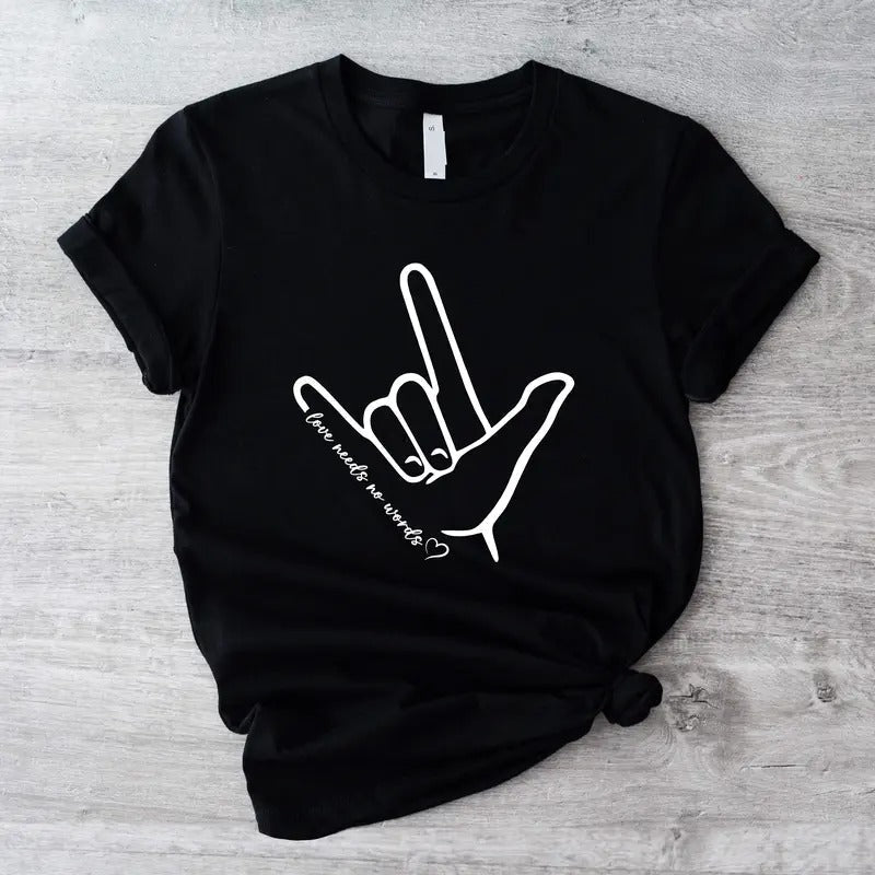 ASL Awareness Shirt Love Needs No Words ASL Support Hand Sign Short Sleeve Education Deaf Community T-Shirts, Hoodie, Sweatshirt - T-Shirt, Sweatshirt, Hoodie