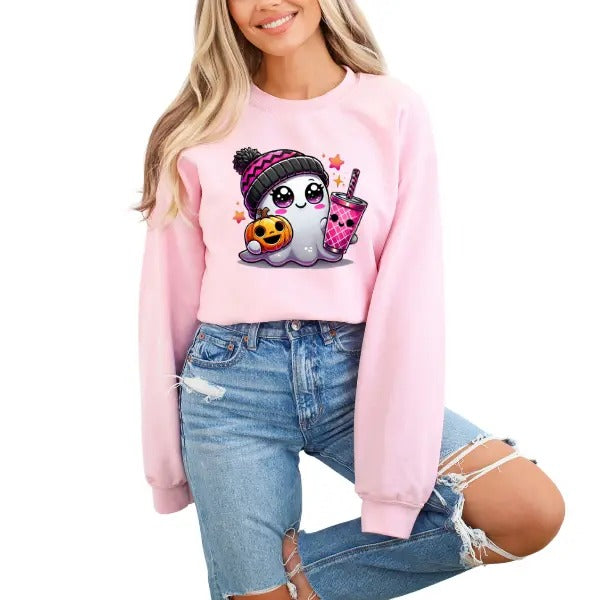 Adorable Pixie Ghost Doe Eyed Ghost Holding Cup & Cute Jack O' Lantern Pink Girly Halloween Cozy & Cute Fall Sizes Up 4XL Comfort Embrace Halloween This Sweet T-Shirts, Hoodie, Sweatshirt - T-Shirt, Sweatshirt, Hoodie