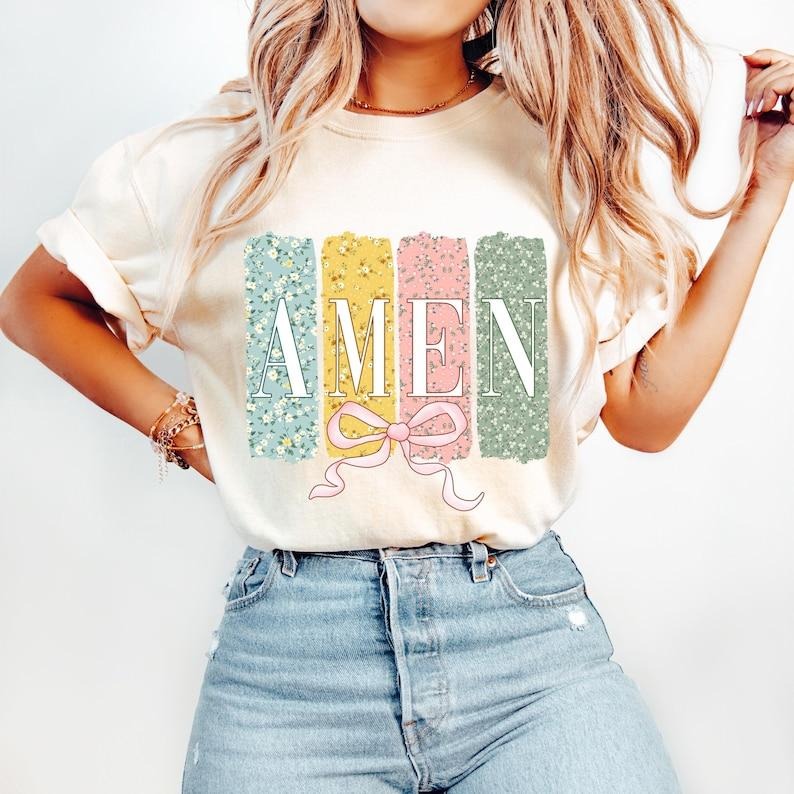 Amen Coquette Bow Christian Easter Bible Verse Floral Spring He Is Risen T-Shirts, Hoodie, Sweatshirt - T-Shirt, Sweatshirt, Hoodie