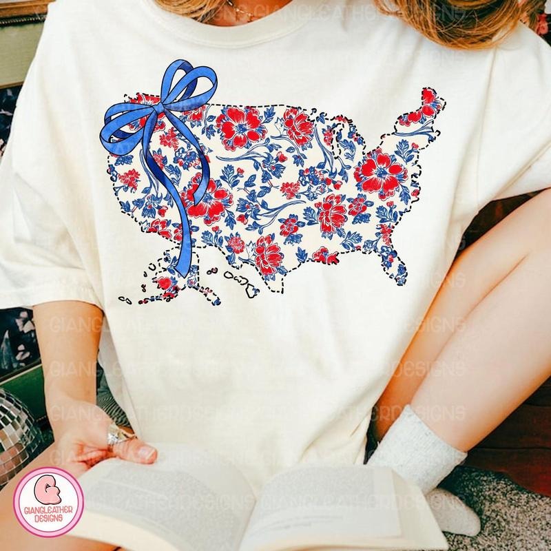 America Map Bow Shirt 4th July Shirt Floral USA Retro Coquette Bow Chinoiserie USA Map America Patriotic America Bow T-Shirts, Hoodie, Sweatshirt - T-Shirt, Sweatshirt, Hoodie
