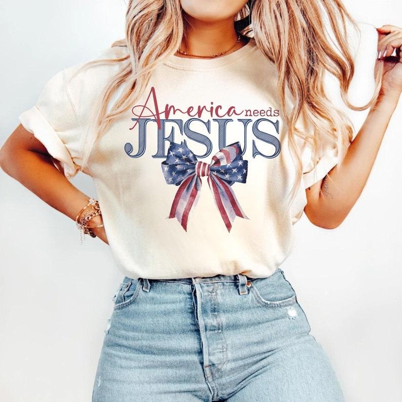 America Needs Jesus Coquette Bow Watercolor Christian Patriotic Shirt DTF Transfer 4th July T-Shirts, Hoodie, Sweatshirt - T-Shirt, Sweatshirt, Hoodie