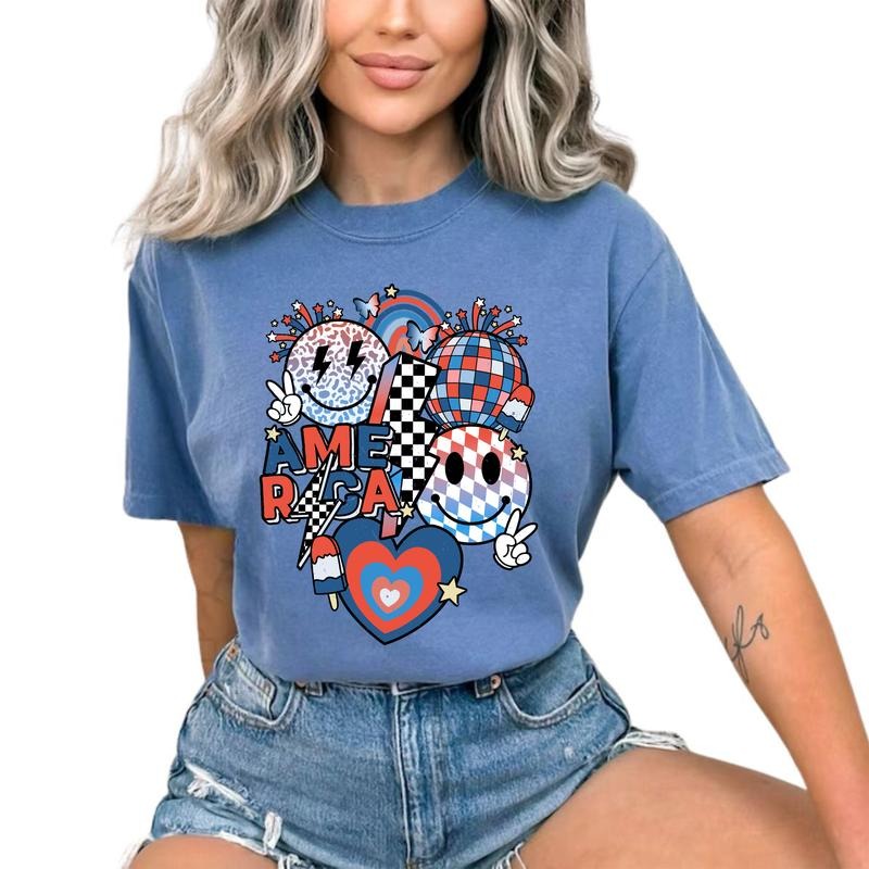 America Smile Face Shirt 4th July Shirt Patriotic USA USA Independence Day Happy Smiling Face Tops Funny Smile Face Patriotic Tops Comfy Fabric Cotton Fabric Relaxed Fit Chic T-Shirts, Hoodie, Sweatshirt - T-Shirt, Sweatshirt, Hoodie