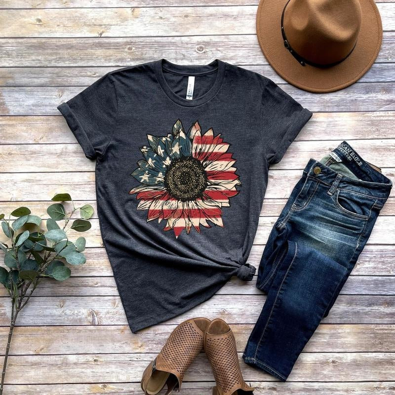 America Sunflower Shirt USA Flag Flower American 4th July Flag Freedom Independence Shirt T-Shirts, Hoodie, Sweatshirt - T-Shirt, Sweatshirt, Hoodie