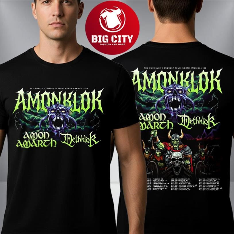 Amon Amarth and Dethklok Band Amonklok Conquest Tour North America 2026 Two Sided Shirt Unisex T-shirt, Sweatshirt, Hoodie, Long Sleeve Tee - T-Shirt, Sweatshirt, Hoodie