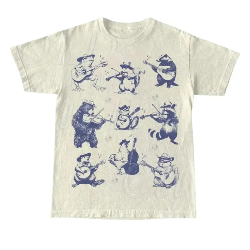 Animal Musicians 90s Tattoo Vintage Retro Animal Music Lovers Cute Nature Shirt Bear Playing Guitar Raccoon Raccoon Frog Menswear Top Underwear Streetwear T-Shirts, Hoodie, Sweatshirt - T-Shirt, Sweatshirt, Hoodie