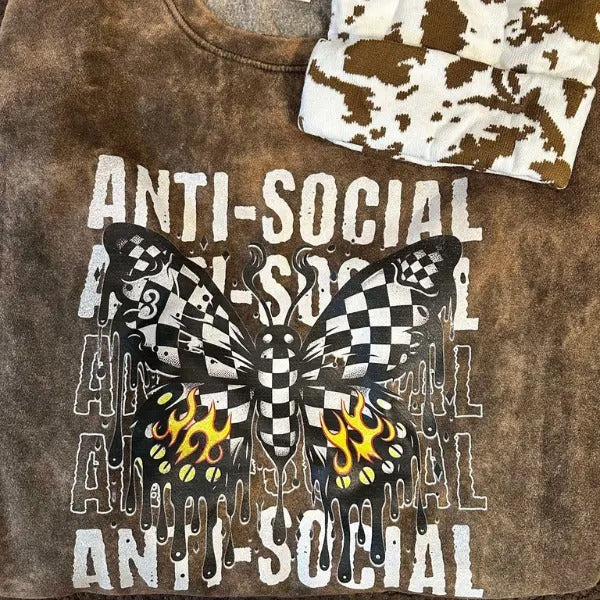 'Antisocial" Butterfly Brown Mineral Wash Punk Rocker T-Shirts, Hoodie, Sweatshirt - T-Shirt, Sweatshirt, Hoodie