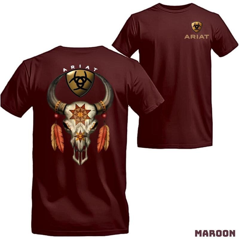 Ariat Impressive Native American Inspired Bull Skull Bold Ariat Logo Menswear Tops Streetwear Tropical T-Shirts, Hoodie, Sweatshirt - T-Shirt, Sweatshirt, Hoodie