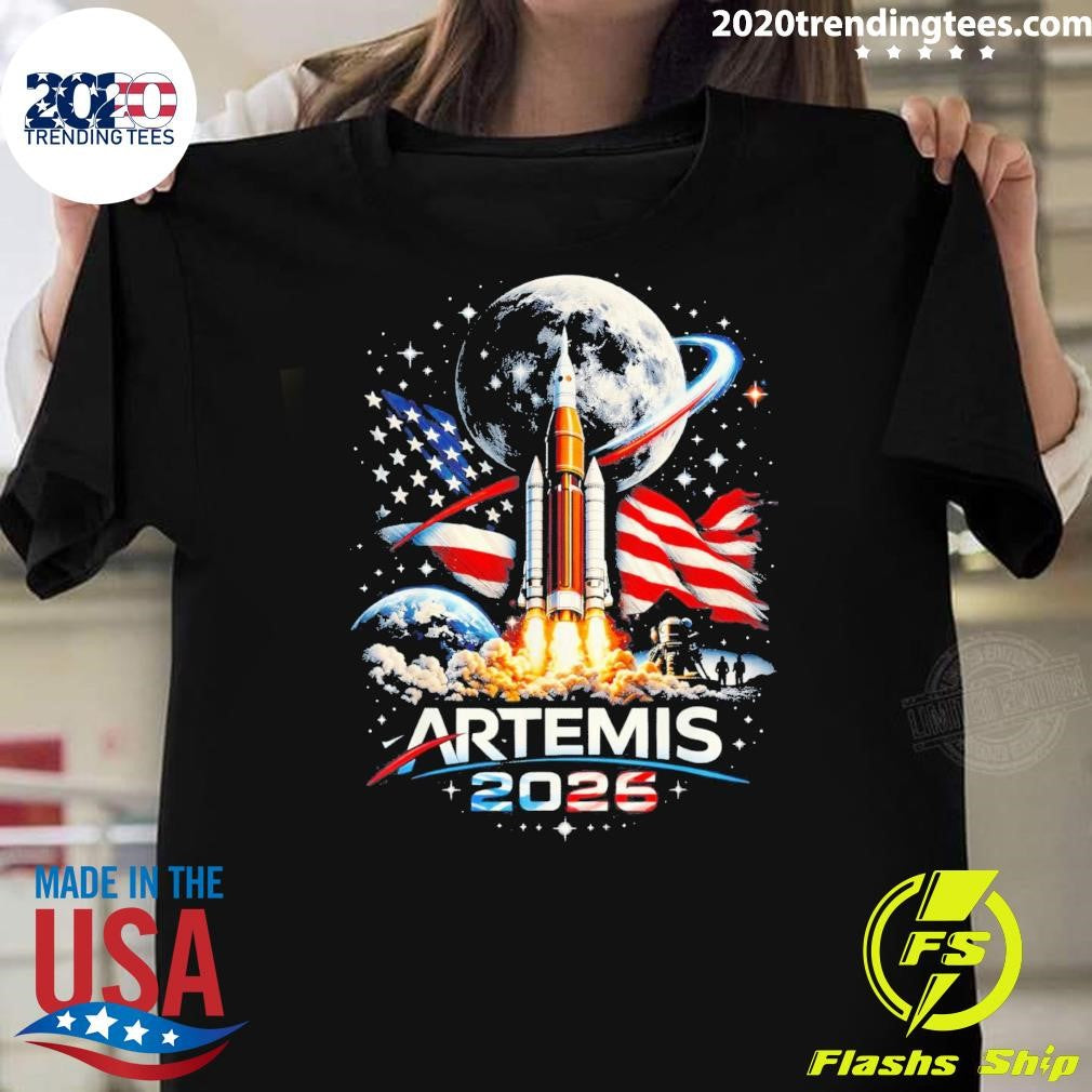 Artemis 2026 American Rocket Launch to The Moon Landing Shirt Unisex T-shirt, Sweatshirt, Hoodie, Long Sleeve Tee - T-Shirt, Sweatshirt, Hoodie