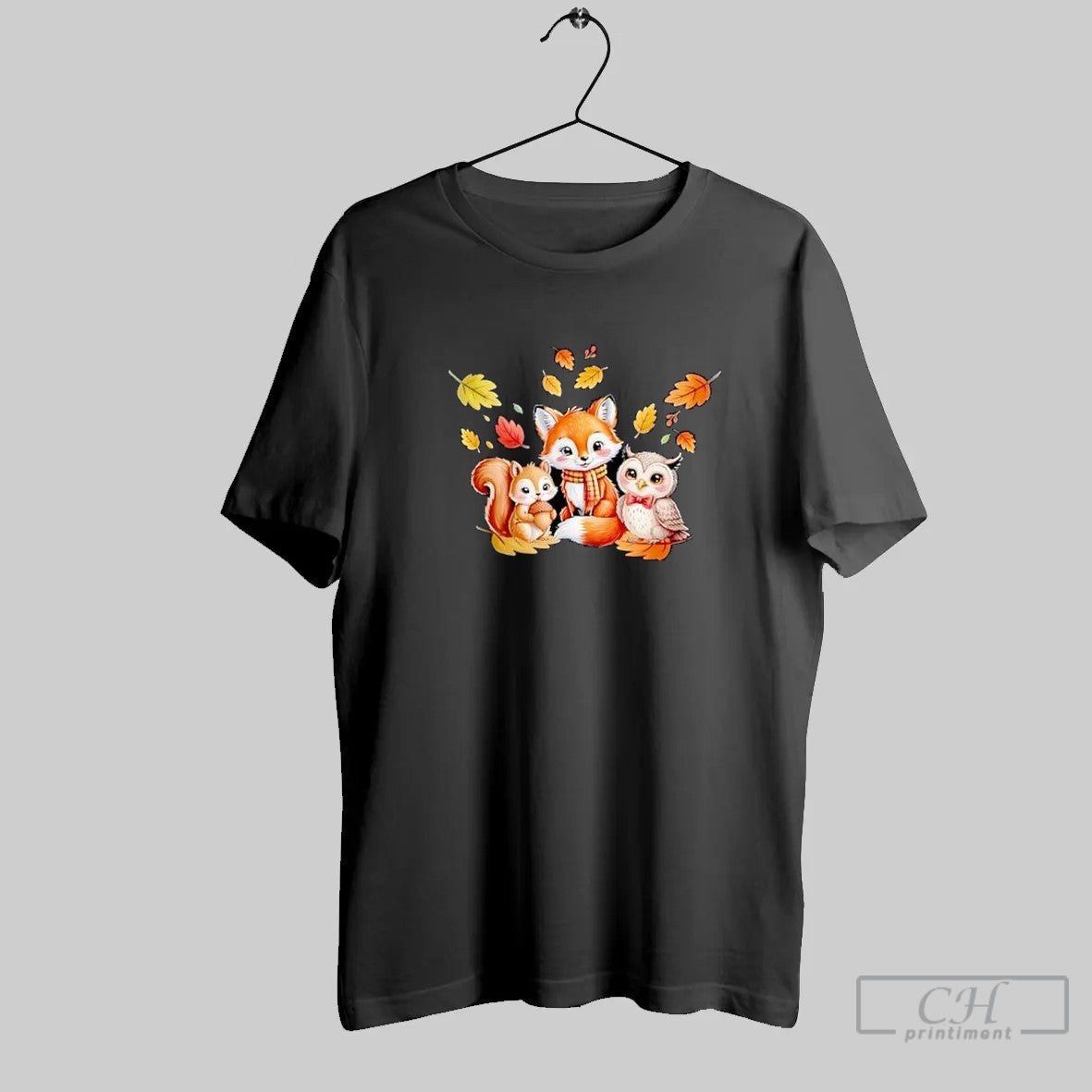 Autumn Fall Leaves Squirrel Holding Acorn Fox Owl Animals T Shirt Unisex T-shirt, Sweatshirt, Hoodie, Long Sleeve Tee - T-Shirt, Sweatshirt, Hoodie