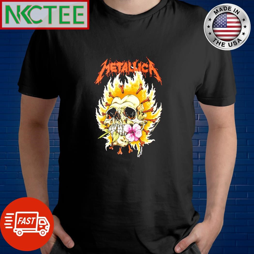 Awesome Metallica Flaming Skull rose shirt Unisex T-shirt, Sweatshirt, Hoodie, Long Sleeve Tee - T-Shirt, Sweatshirt, Hoodie