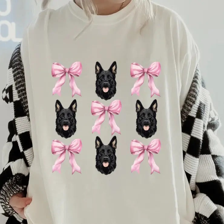BLACK German Shepherd Bows Shirt~ Relaxed Fit Printed USA Womenswear Casual Comfort Cotton Top Athletic Boho Chic T-Shirts, Hoodie, Sweatshirt - T-Shirt, Sweatshirt, Hoodie