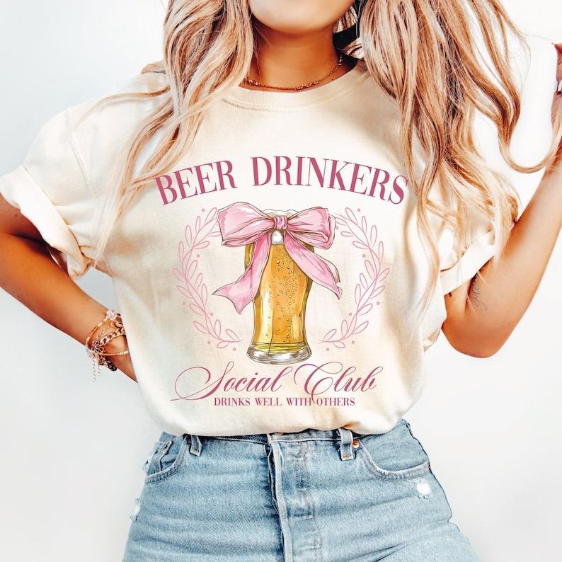 Beer Drinkers Social Club Beer Coquette Girly Beer Pink Bow Club Bachelorette Shirt Summer Bride T-Shirts, Hoodie, Sweatshirt - T-Shirt, Sweatshirt, Hoodie