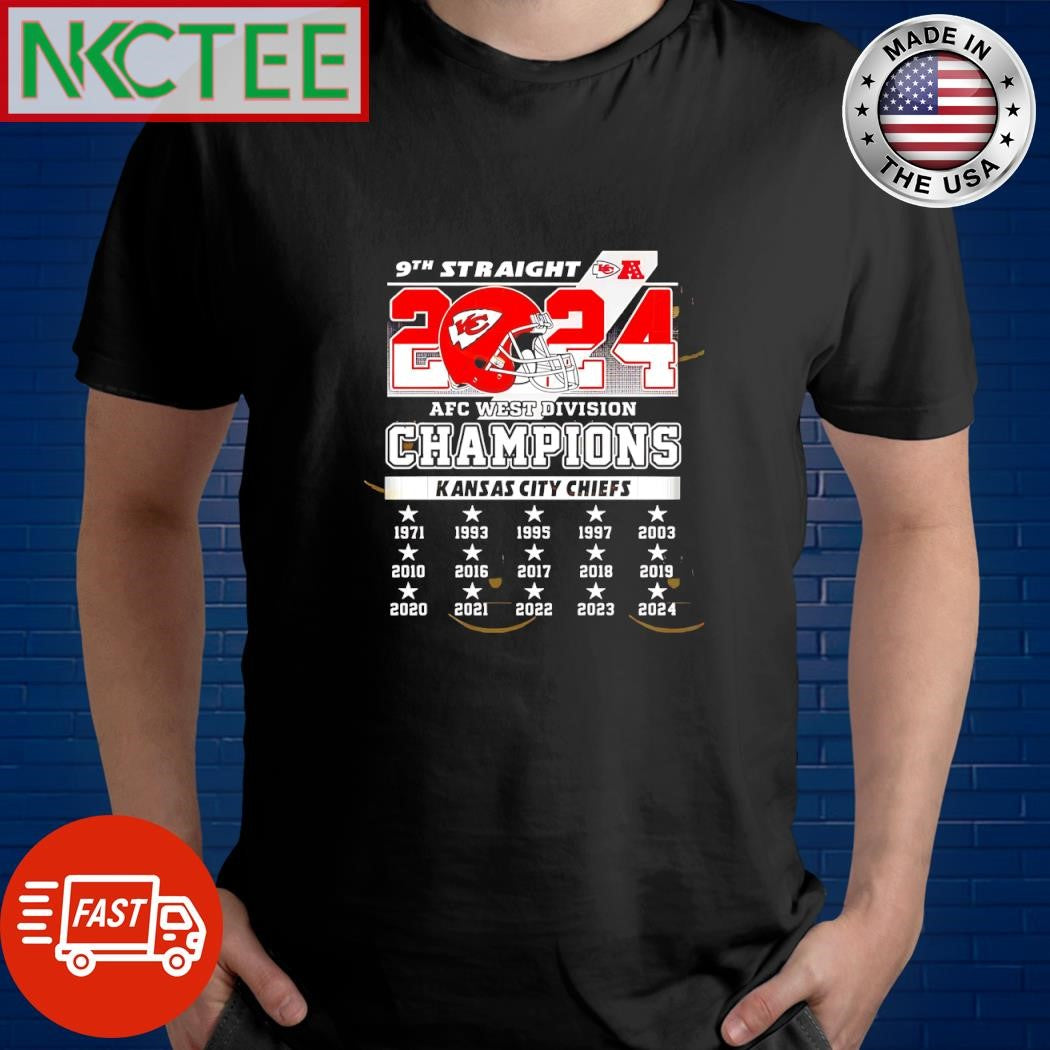 Best 9th Straight 2024 AFC West Division Champions Kansas City Chiefs 1971 93 95 97 2003 10 16 17 18 19 20 21 22 23 shirt - T-Shirt, Sweatshirt, Hoodie
