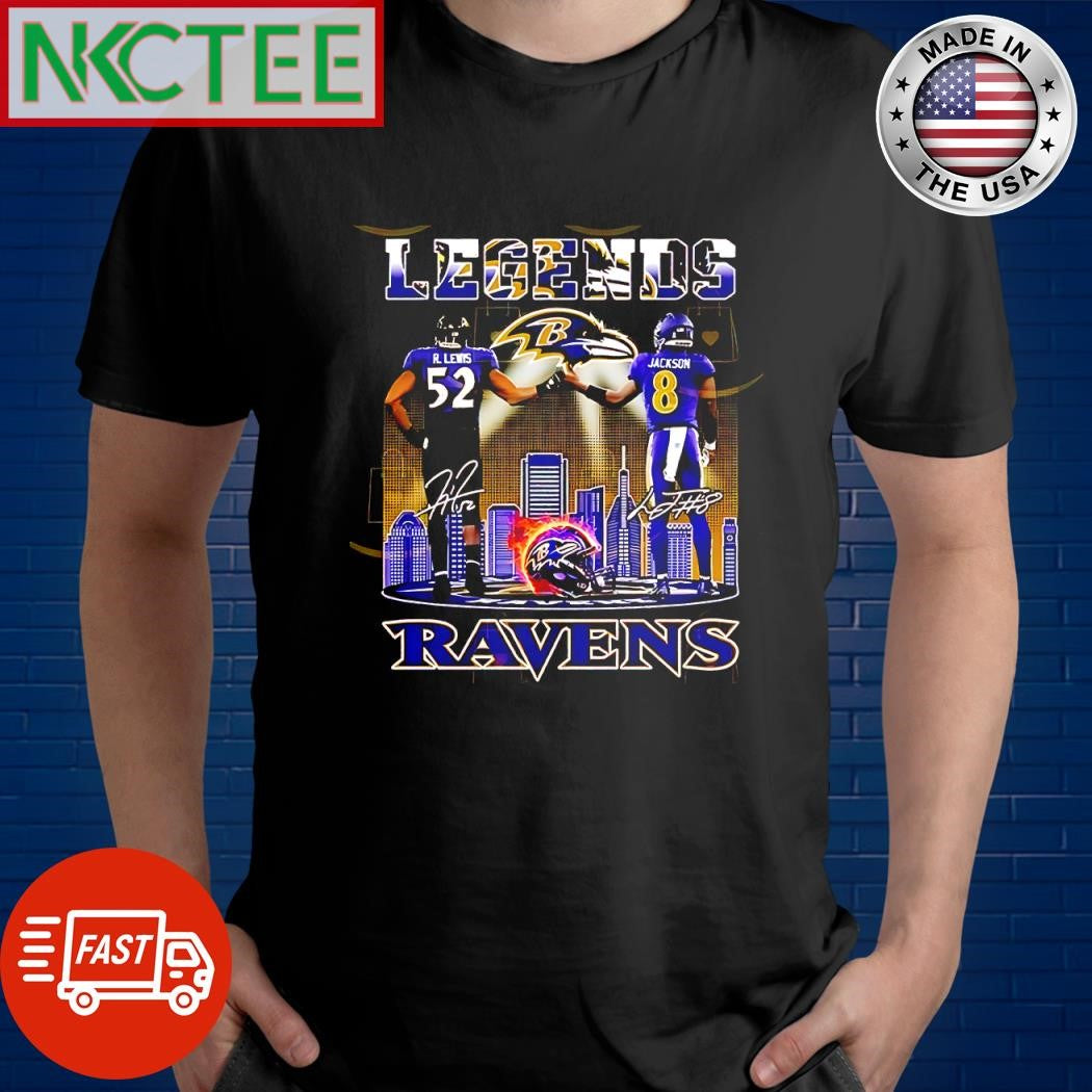 Best Baltimore Ravens Ray Lewis x Lamar Jackson Legends Signatures skyline helmet signature shirt - T-Shirt, Sweatshirt, Hoodie