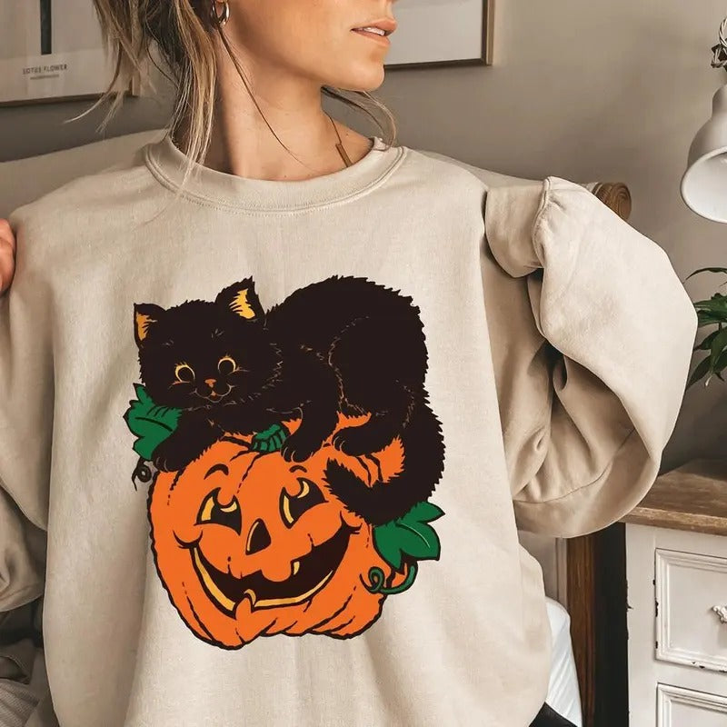Black Cat Pumpkin Fall Halloween Black Cat Halloween Vintage Halloween Hot Tiktok Best Sellling T-Shirts, Hoodie, Sweatshirt - T-Shirt, Sweatshirt, Hoodie