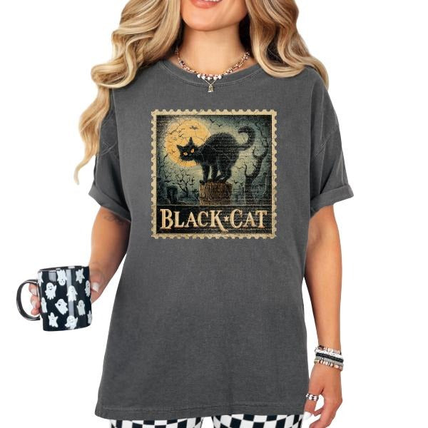 Black Cat Stamp Traditional Halloween Comfort Color Pepper Punk Alt Grunge Goth Skeleton Casual Cotton Cute T-Shirts, Hoodie, Sweatshirt - T-Shirt, Sweatshirt, Hoodie
