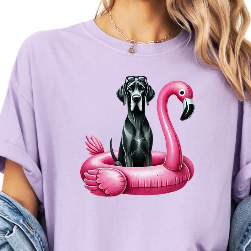 Black Great Dane Flamingo Float Dog Shirt ~ Relaxed Fit Printed USA Womenswear Casual Comfort Cotton Top Athletic Boho Chic T-Shirts, Hoodie, Sweatshirt - T-Shirt, Sweatshirt, Hoodie