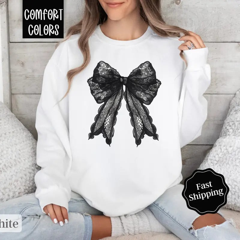 Black Lace Bow Comfort Colors Coquette Ribbon T-Shirts, Hoodie, Sweatshirt - T-Shirt, Sweatshirt, Hoodie