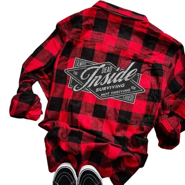 Dead Inside Red Black Long Sleeve Flannel Shirt Made Order Vintage Inspired Retro 'Surviving Not Thriving' Cozy Top Menwearr & Casual T-Shirts, Hoodie, Sweatshirt - T-Shirt, Sweatshirt, Hoodie