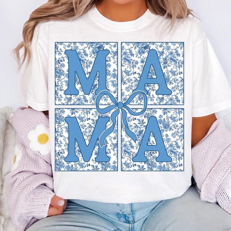 Blue Floral Chinoiserie Mama Coquette Mama Mama Varsity Mom Mama Bow T-Shirts, Hoodie, Sweatshirt - T-Shirt, Sweatshirt, Hoodie