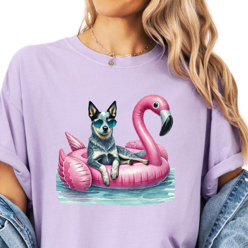 Blue Heeler Flamingo Float Dog Shirt ~ Relaxed Fit Printed USA Womenswear Casual Comfort Cotton Top Athletic Boho Chic T-Shirts, Hoodie, Sweatshirt - T-Shirt, Sweatshirt, Hoodie