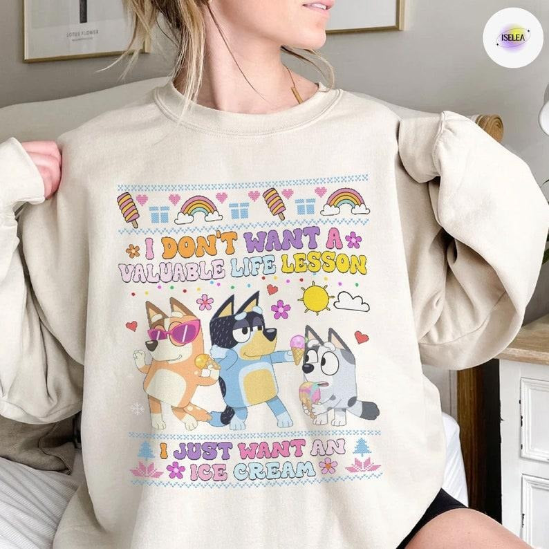 Bluey I Just Want Ice Cream Xmas Bluey Xmas Holliday Ugly Shirt Bluey Heeler Dancing Ice Cream MerryXmas Season T-Shirts, Hoodie, Sweatshirt - T-Shirt, Sweatshirt, Hoodie
