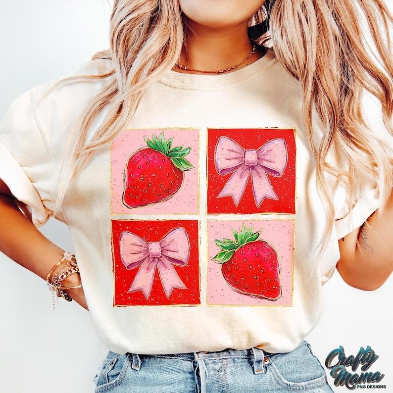 Boho Coquette Strawberry Preppy Summer Pink Bow Retro Summer T-Shirts, Hoodie, Sweatshirt - T-Shirt, Sweatshirt, Hoodie