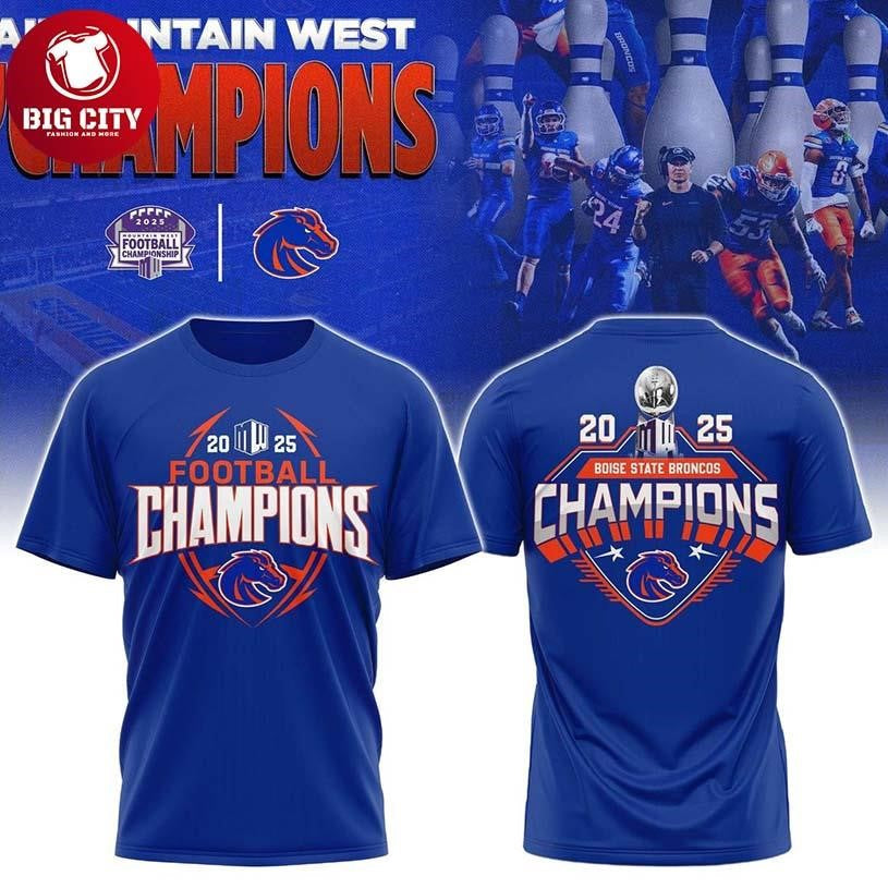 Boise State Broncos Mountain West Champions 2025 Two Sided shirt Unisex T-shirt, Sweatshirt, Hoodie, Long Sleeve Tee - T-Shirt, Sweatshirt, Hoodie